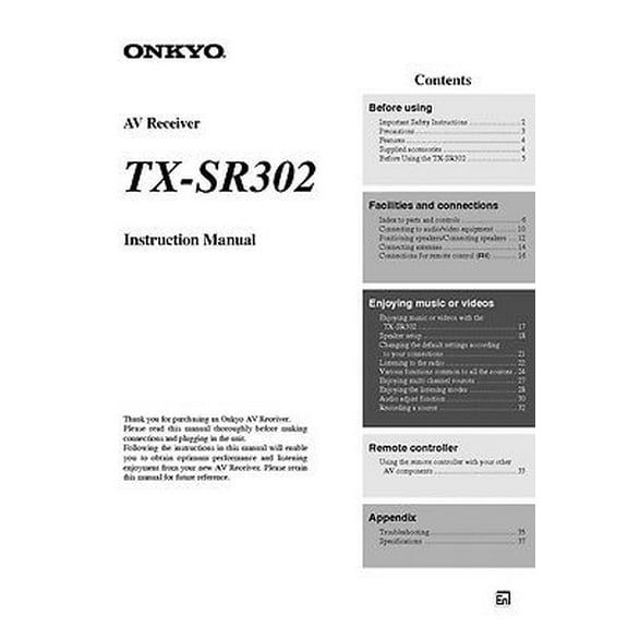 Instruction Manual ONLY for Onkyo Integra TX-SR302 Receiver Owners Instruction Manual REPRINT