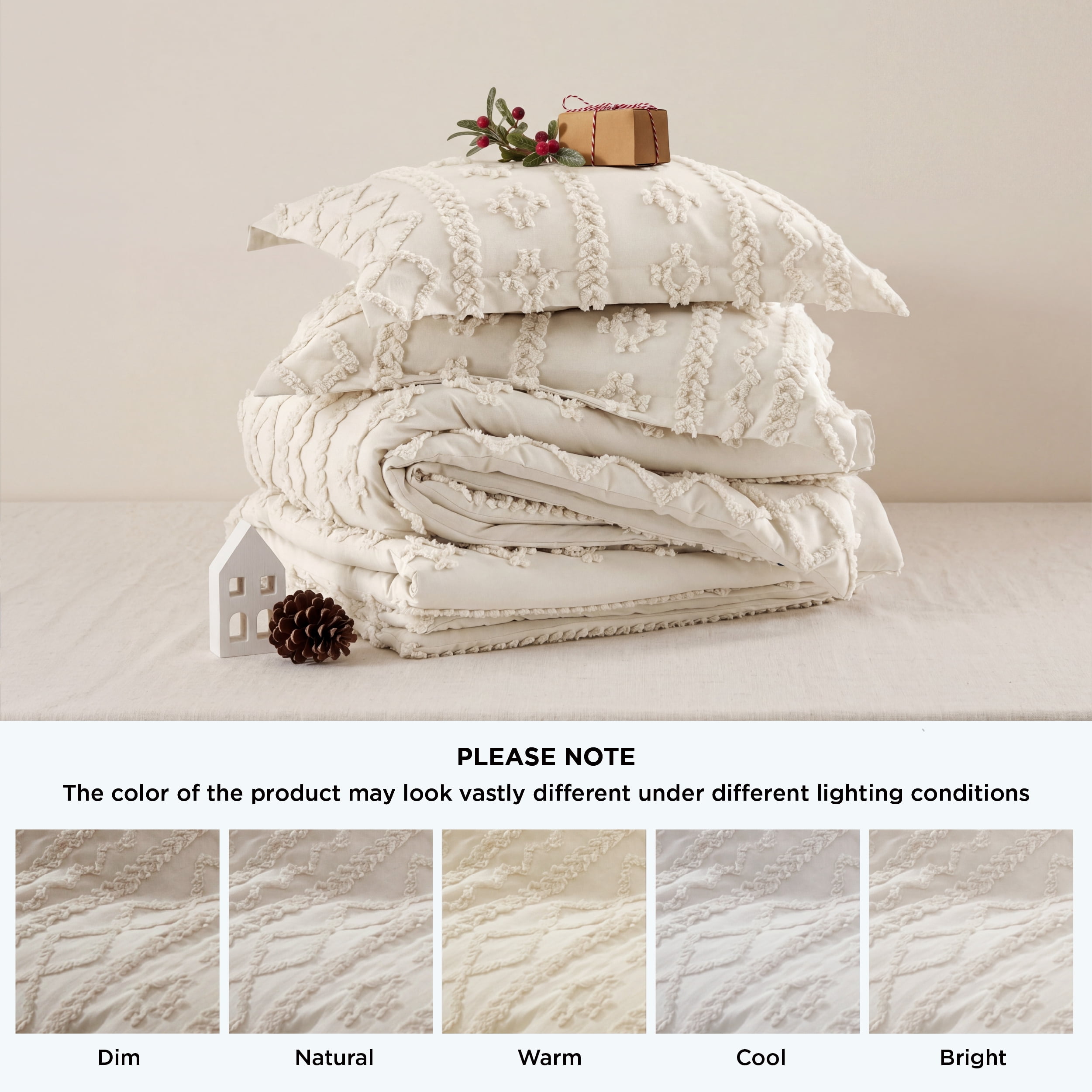 U by Bedsure Tufted Boho Comforter Set Queen, Beige, 3 Pieces Farmhouse Shabby Chic Embroidery Bedding Set, Soft Jacquard Comforter for All Seasons