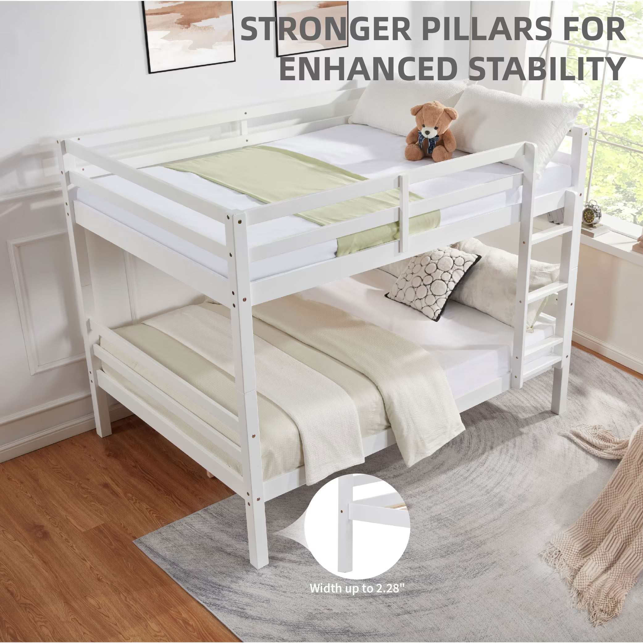 MAYEERTY Full over Full Bunk Bed with Thick Posts, Solid Wood Bed Frame with High Guardrail and Ladder, for Kids Teens Dorm Rooms, No Box Spring Needed