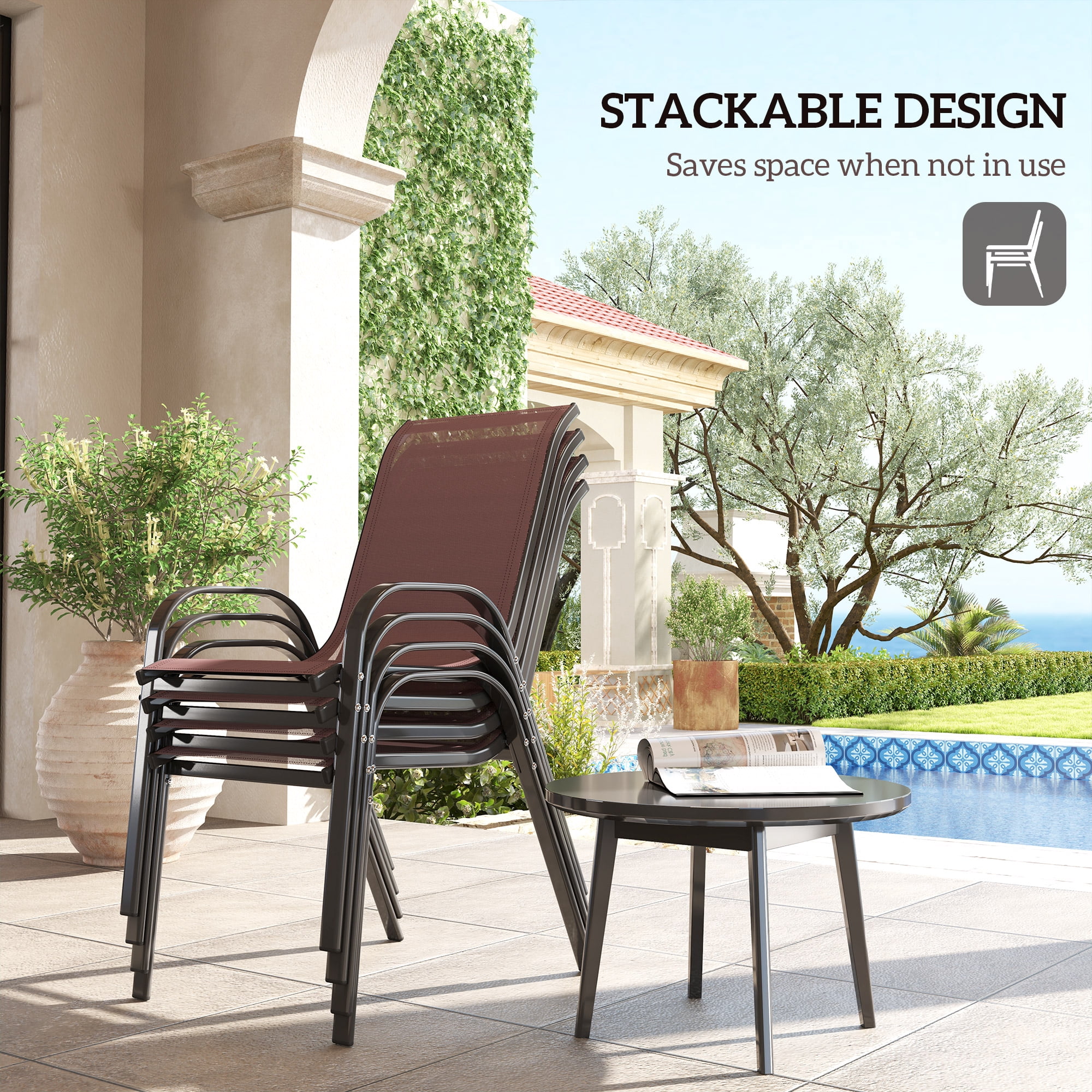 Outdoor Dining Chairs Set of 4, Stackable Outdoor Patio Chairs with High Back, Breathable Mesh Seat for Garden Lawn Backyard, Brown
