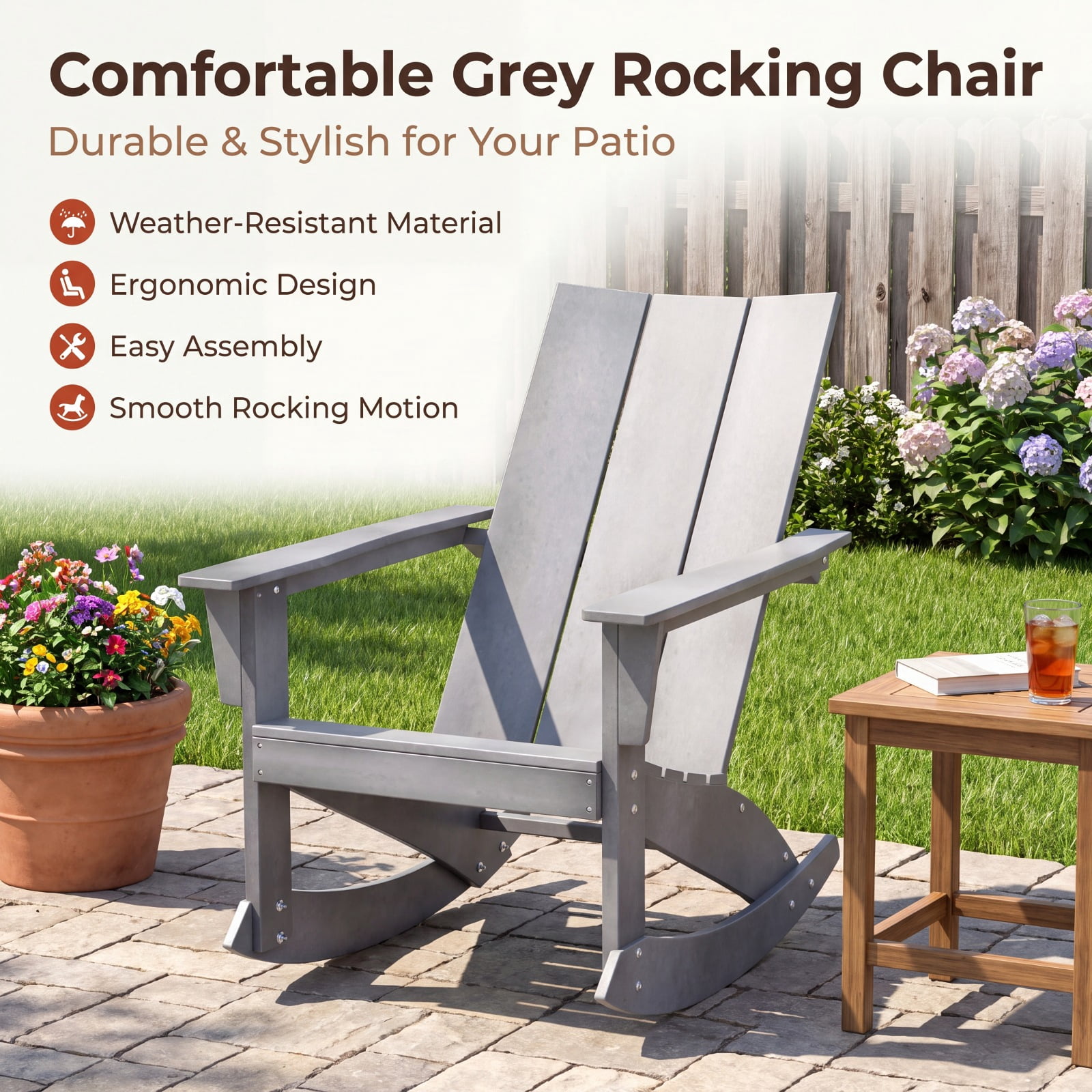 Furnibear HDPE Adirondack Rocking Chair with Curved Back Rounded Armrests and Weather Resistant Build for Porch Balcony Patio and Garden, Gray