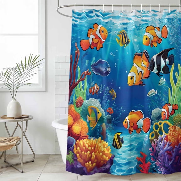 Ocean Coral Fish Waterproof Fabric Shower Curtain,Colorful Underwater World Seagrass Waterproof Fabric Shower Curtain for Bathroom Curtains Bathtubs Hotel Shower Curtains with 12 Hooks Stall 54x78in