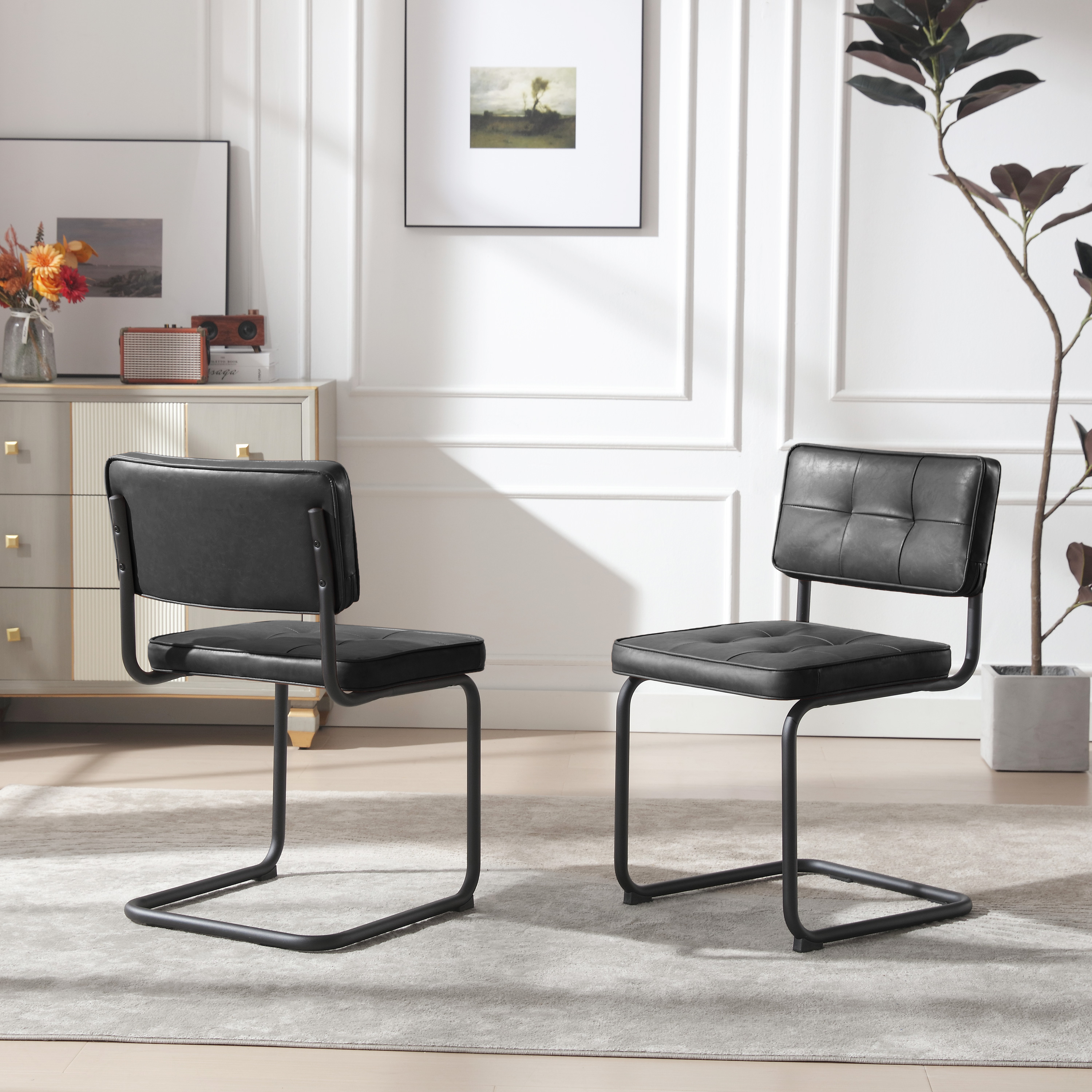 ONEVOG 19.3'' Mid-Century Modern Dining Chairs Set of 2, Faux Leather Cantilever Kitchen Chairs with Matt Black Legs for Kitchen Dining room, Black