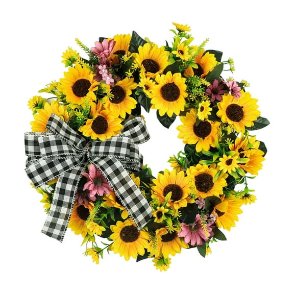 WMGHA Artificial Sunflower Wreath for Front Door Handmade Flower Wreath With Bow Spring and Summer Door Wreath for Home Party Festival Wedding Decor Back to School Door Wreath