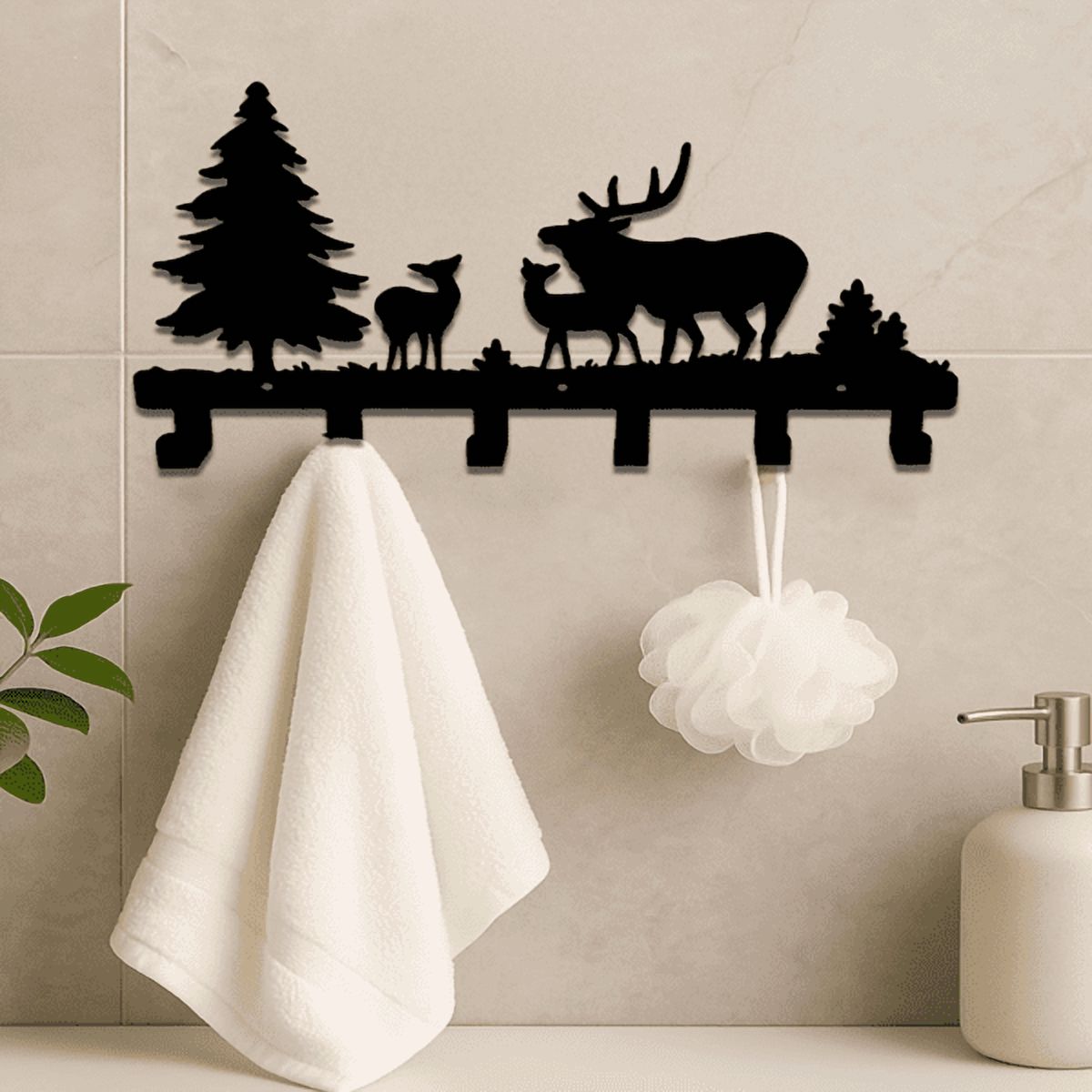 Farmhouse Rustic Animal Coat Hook Rack, Wall-Mounted Tree Branch Design with Black Puppy, Bear & Deer Hooks, Cute Towel & Jacket Hanger for Bathroo