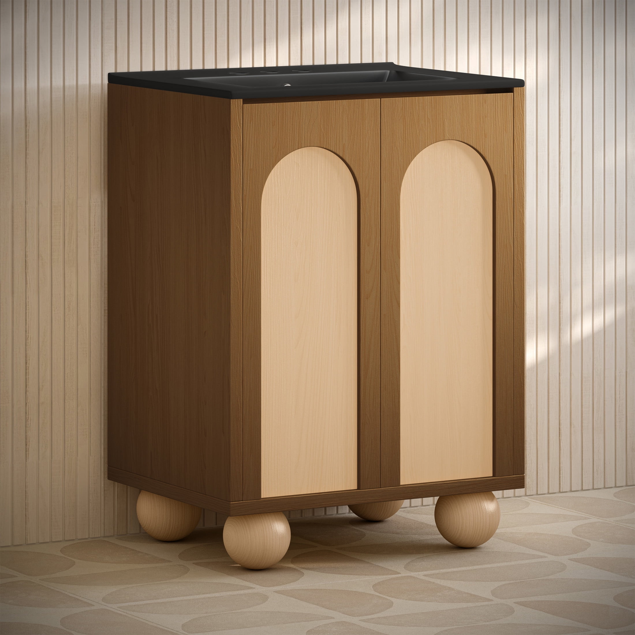 Plaisir II 24" Freestanding Bathroom Vanity in Brown Oak with Black 3-Hole Centerset Sink Top
