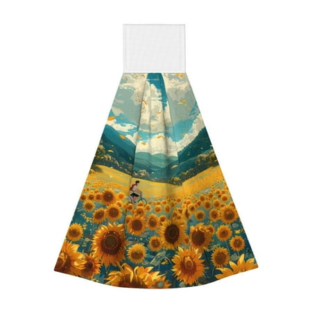 

Qekee Field Style Bicycle Young Sunflower Print Hanging Kitchen Towels Coral Velvet Wipe Hand Towel Absorbent Hand Towels Microfiber Tie Towel for Bathroom Kitchen Decor