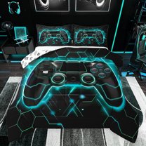 Feelyou Cyan Games Controller Bedding Comforter Set, Abstract Stripes Twin Comforter Sets, Teens Kids Boys Girls Reversible Bedding Set, Microfiber Bedroom Decor, 2-Piece