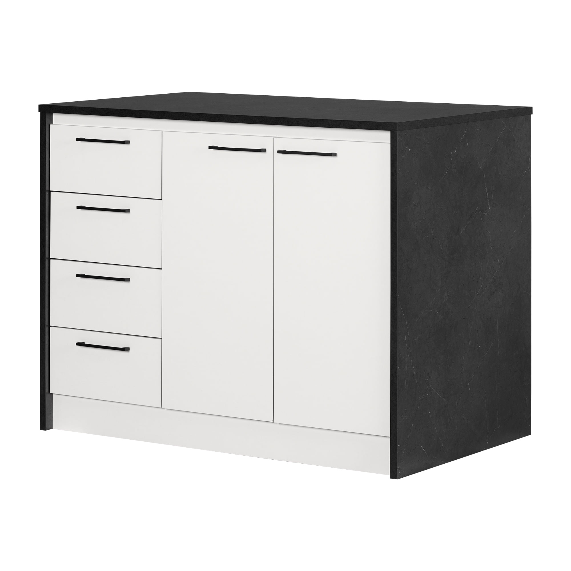 South Shore Myro Kitchen Island with Storage, in Faux Black Stone and White