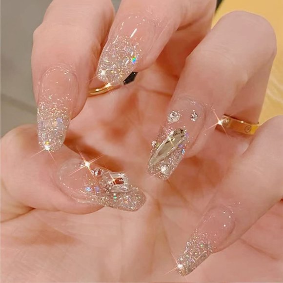 LAICAIW French Ballerina Coffin False Fake Nails 3D Bling Glitter Pink Gradeint Natrual Press on Nails Stick on Nails Static Nails Acrylic Full Cover Reusable False Nails for Women and Girls24PCS (3D