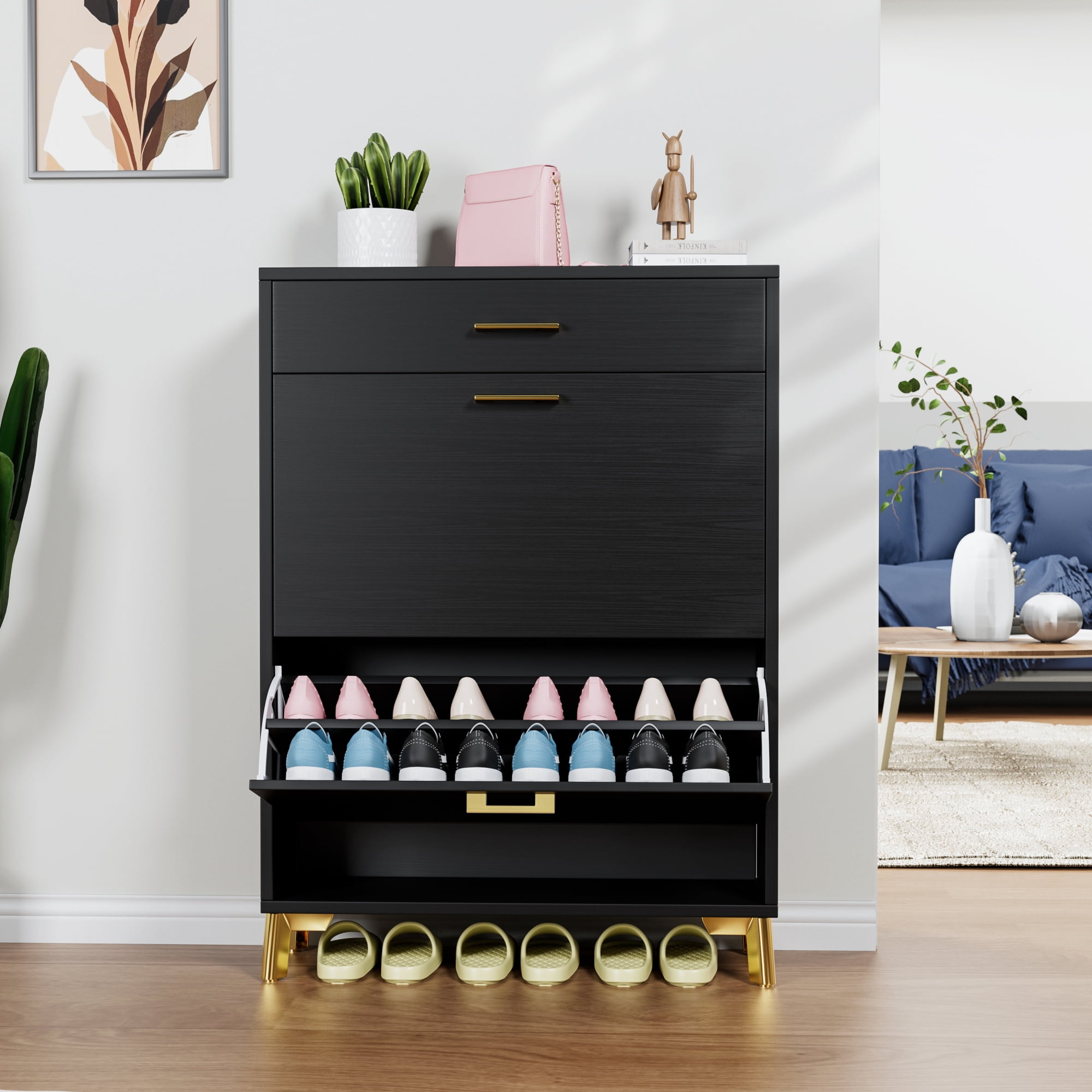Shoe Storage Cabinet for Entryway, Free Standing Shoe Rack Organizer with 2 Flip Drawers, Hidden Shoe Rack Storage Organizer for Doorway Hallway Closet