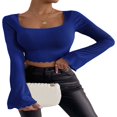 thumbnail image 2 of Women Solid Color Ribbed Square Neck Lettuce Hem Show Navel T-Shirts Spring Autumn Flare Long Sleeve Slim Crop Tops Black M, 2 of 6