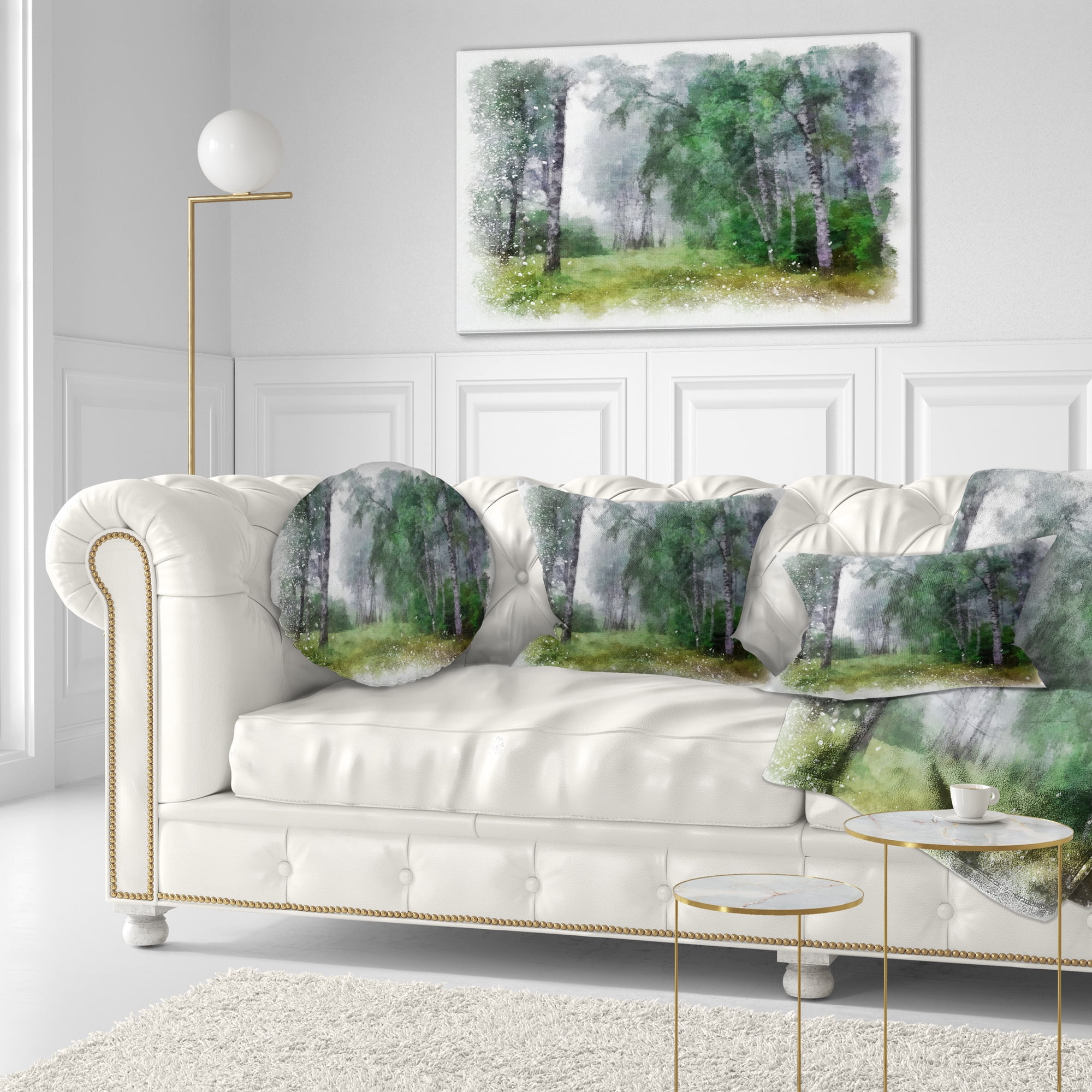 Designart Green Forest Watercolor Drawing - Landscape Printed Throw Pillow - 12x20