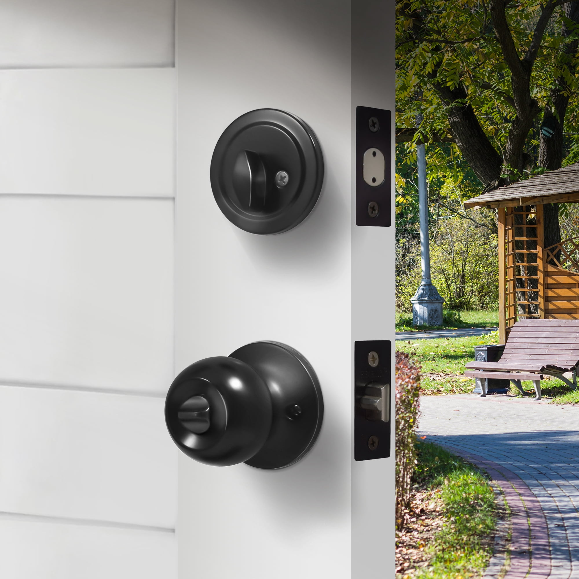 Black Entry Lock Set Door Knob & Deadbolt Keyed Alike SC1 Keyway. 6 Total Keys, Keyed Alike