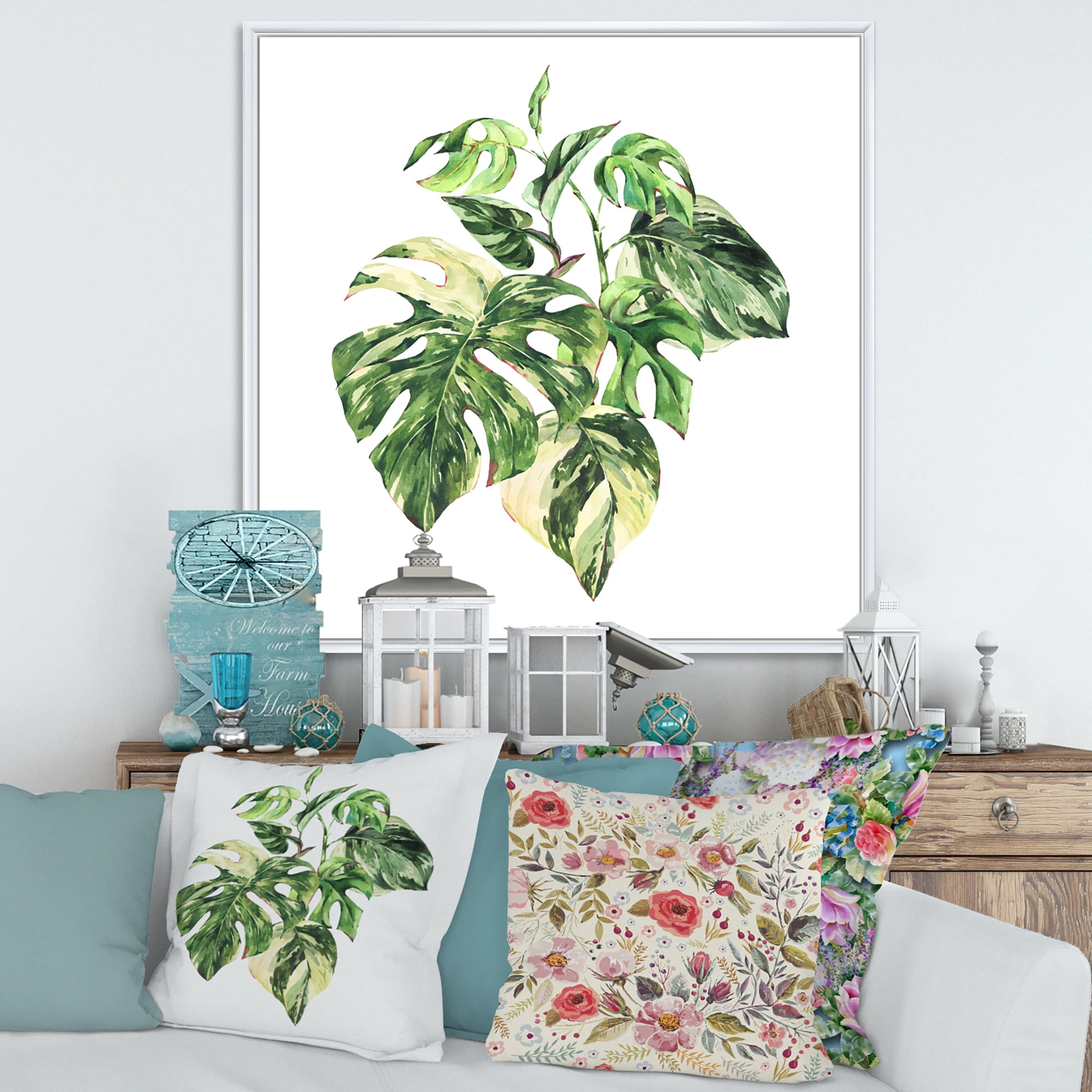Designart 'Tropical Green Leaves On White In Summer Times I' Tropical Framed Canvas Wall Art Print