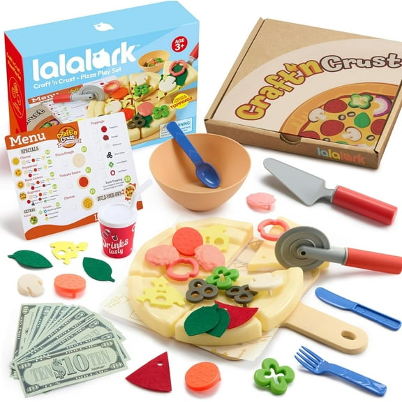 Lalalark 71 Pcs Pizza Toy Play Food Set with 18 Toppings, Pretend Play Cutting Food Toy for Kids, Cooking Kitchen Accessories for Boys and Girls