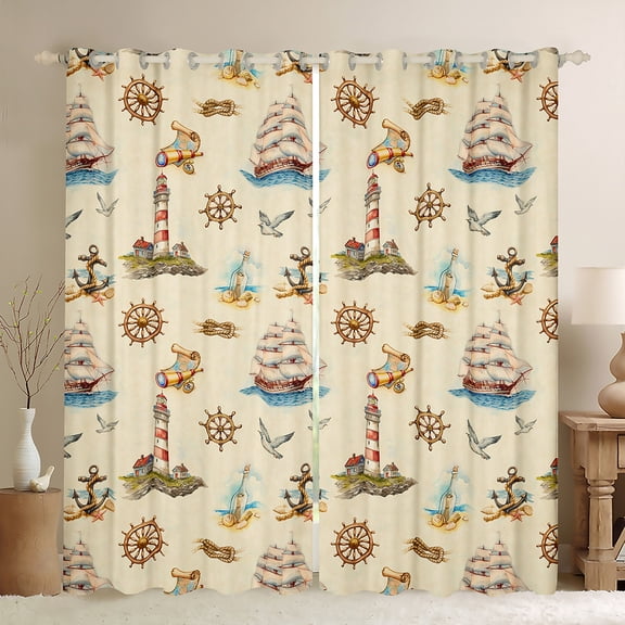 Manfei Nautical Theme Curtains Pack of 2 (42x84 Each), Vintage Anchor Lighthouse Curtains Blackout, Sailboat Rudder Bedroom Curtains, Luxury Bedroom Decor