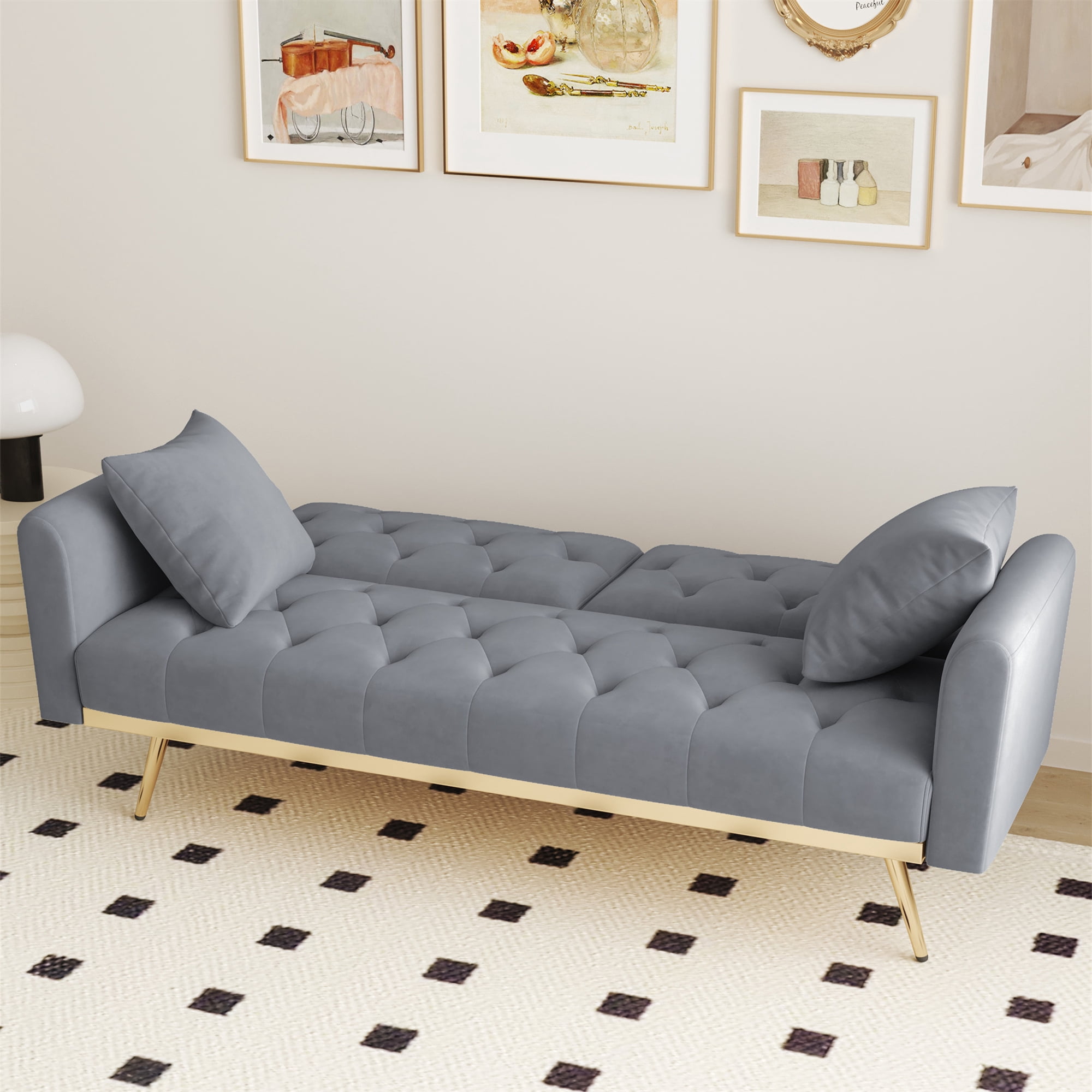 Aukfa Velvet Futon Convertible Sofa Bed for Home Office, 2 Pillows, Upgraded Metal Base, Gray