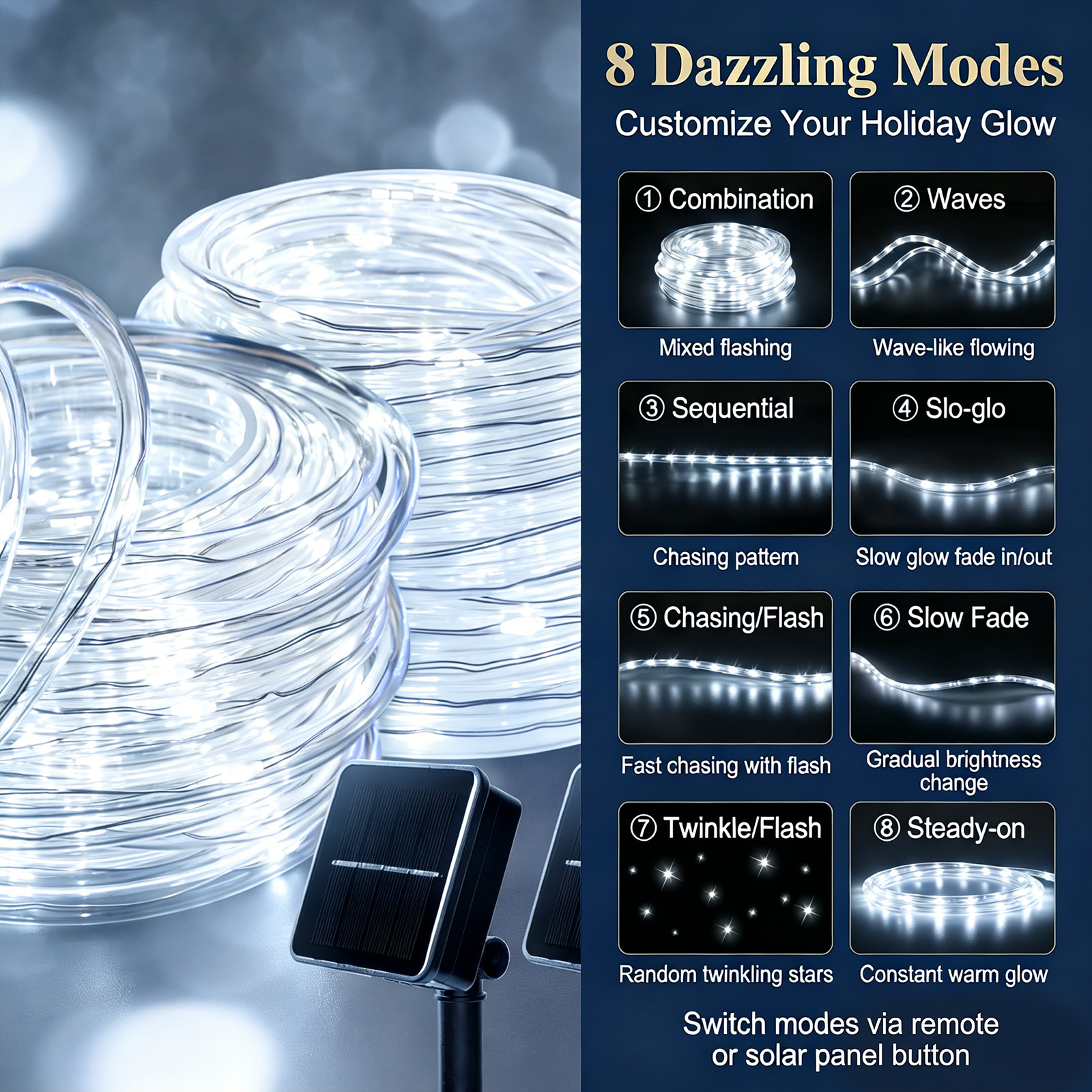 Rirool 2-Pack Solar Rope Lights 33ft 100 LED White 8 Modes photo 5