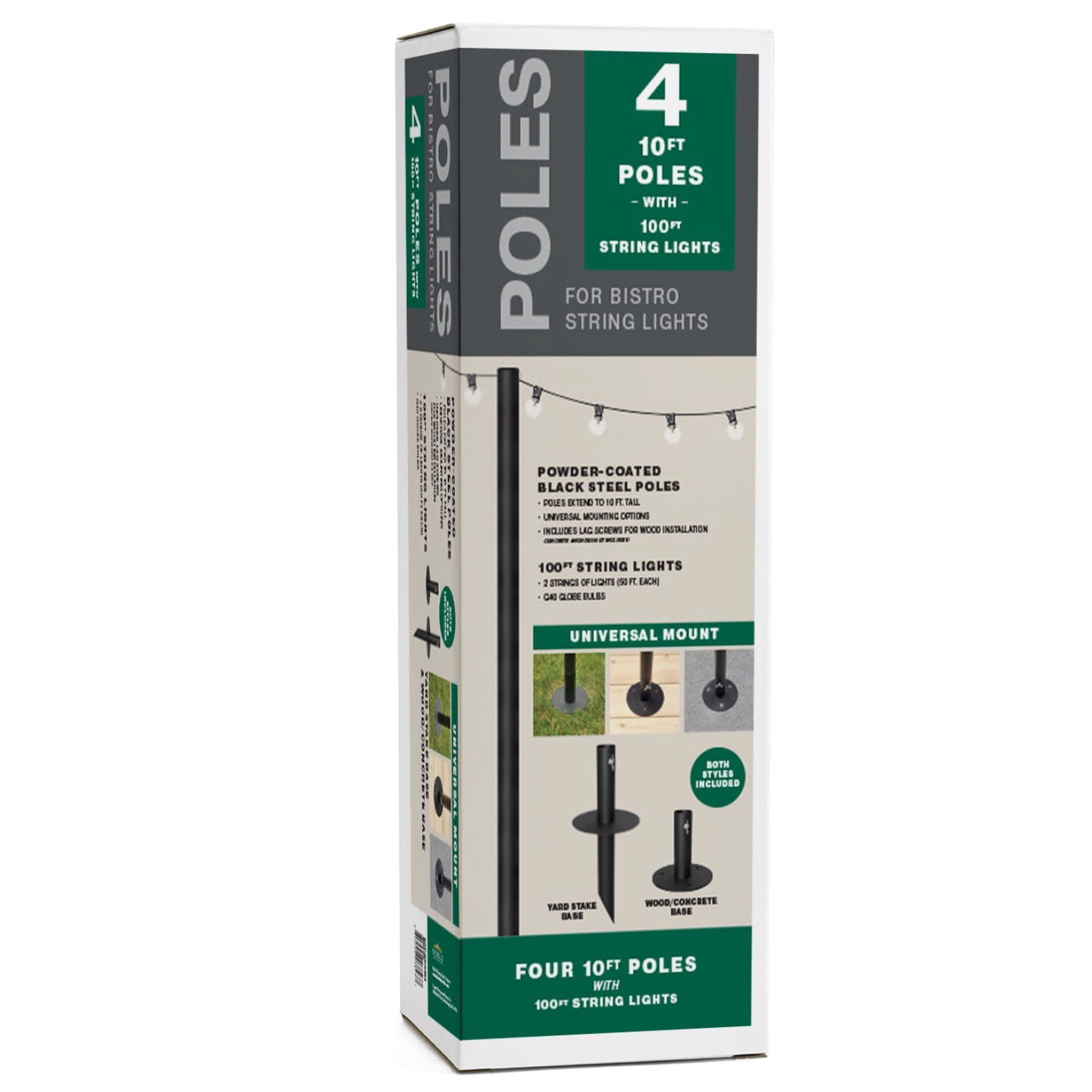 EXCELLO GLOBAL PRODUCTS Outdoor Bistro String Light Poles, 4 Pack, Extends to 10 ft, Universal Mounting Options Included with 100 ft. of G40 LED Lights (100 Lights)