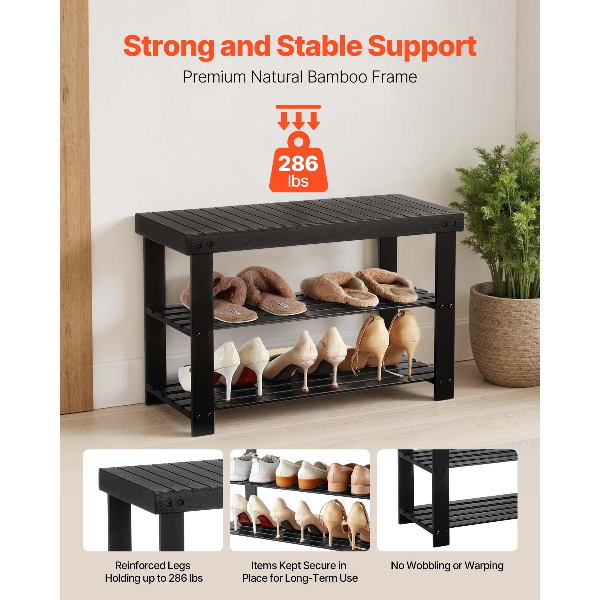 KFFKFF 3-Tier Wooden Shoe Rack Bench, Sturdy Shoe Organizer with 286 lbs Capacity, 27.6 x 11.3 x 17.8 Inches, Ideal for Hallways, Bedrooms, and Living Spaces, Black