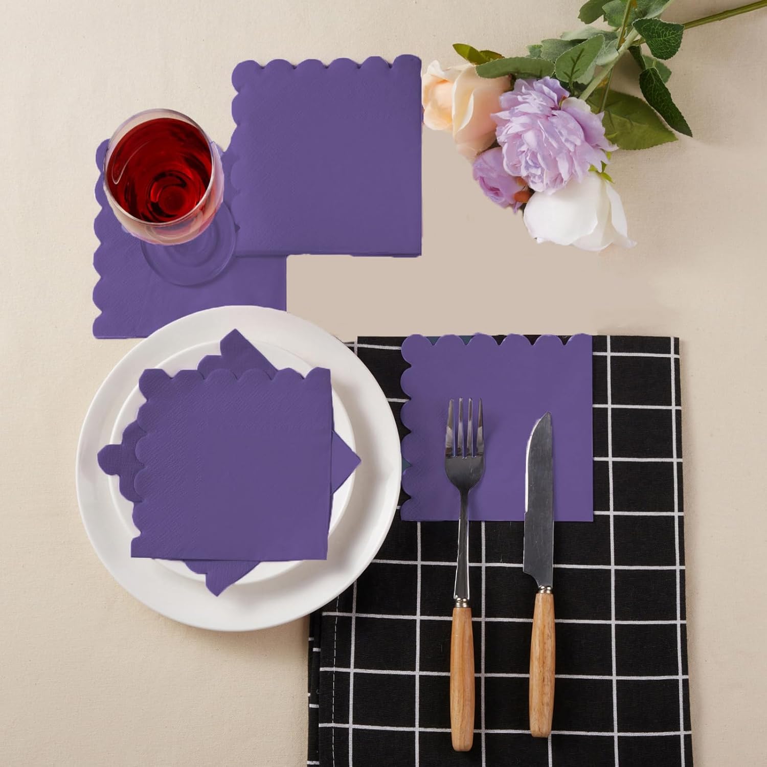 200 Pack Cocktail Napkin 2-Ply Scalloped Edged Dessert Napkins Folded 5 x 5 Inches Disposable Napkins for Dinner Wedding Birthday Party Bridal Anniversary Reception Event (Dark Purple)