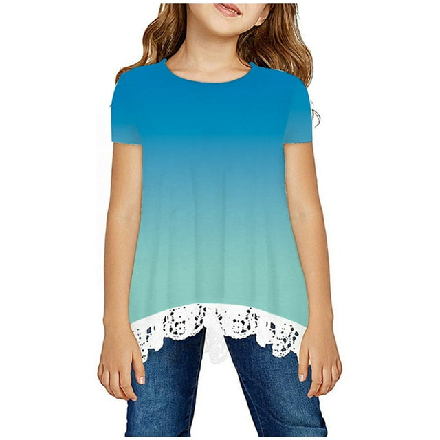 DPTALR Chemise Fille Col Rond Superposé Imprimé Floral Manches Courtes Mignon Blouse Enfants Tee Top en Dentelle