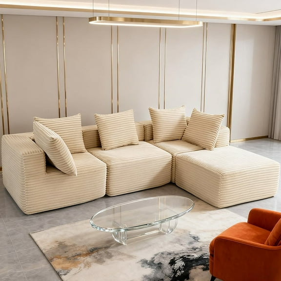 Modern Modular Compression Sofa, 112inch Cloud Sectional Couch With Chaise, Modern Modular Sofa With Deep Seat, Upholstered Couches For Living Room Bedroom, No Assembly Required, Black (Plush Corduro