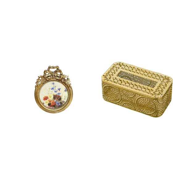 Elegante juego de marco de fotos redondo vintage y soporte para caja de pañuelos, ideal para decoración del hogar, regalo de boda o exhibición y