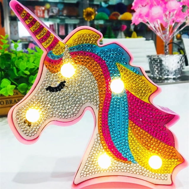 Pintura de diamante Unicornio con luces LED DIY Forma especial Taladro completo Cristal Diamante Dibujo Lámpara de noche para decoración del hogar