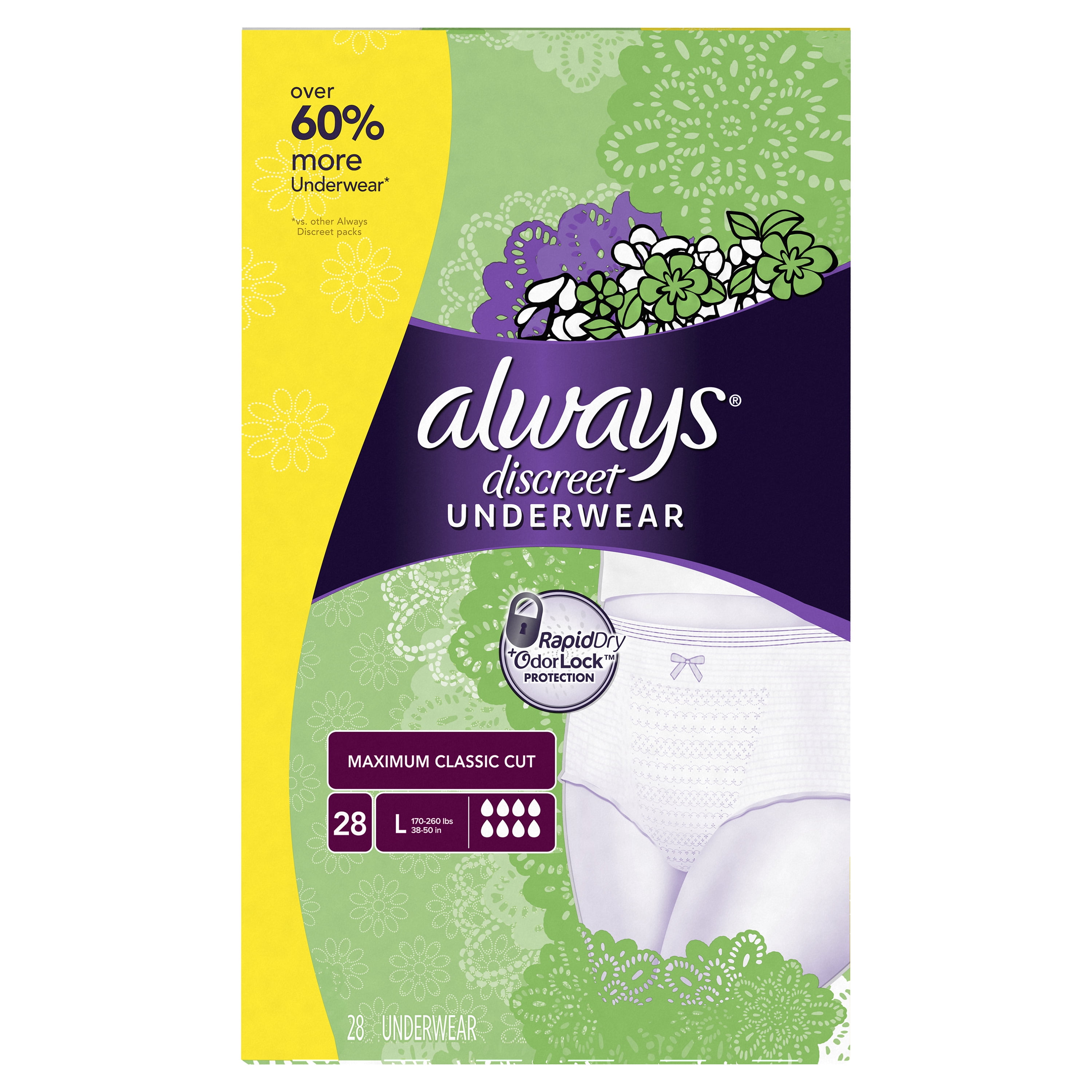 Always Discreet, Incontinence Underwear, Maximum Classic Cut, Large, 28