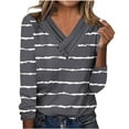thumbnail image 2 of QUNYINEY Casual Womens T Shirts V-Neck Long Sleeve Gray Striped Tops Button Pullover Loose Drop Shoulder T-Shirts, 2 of 4