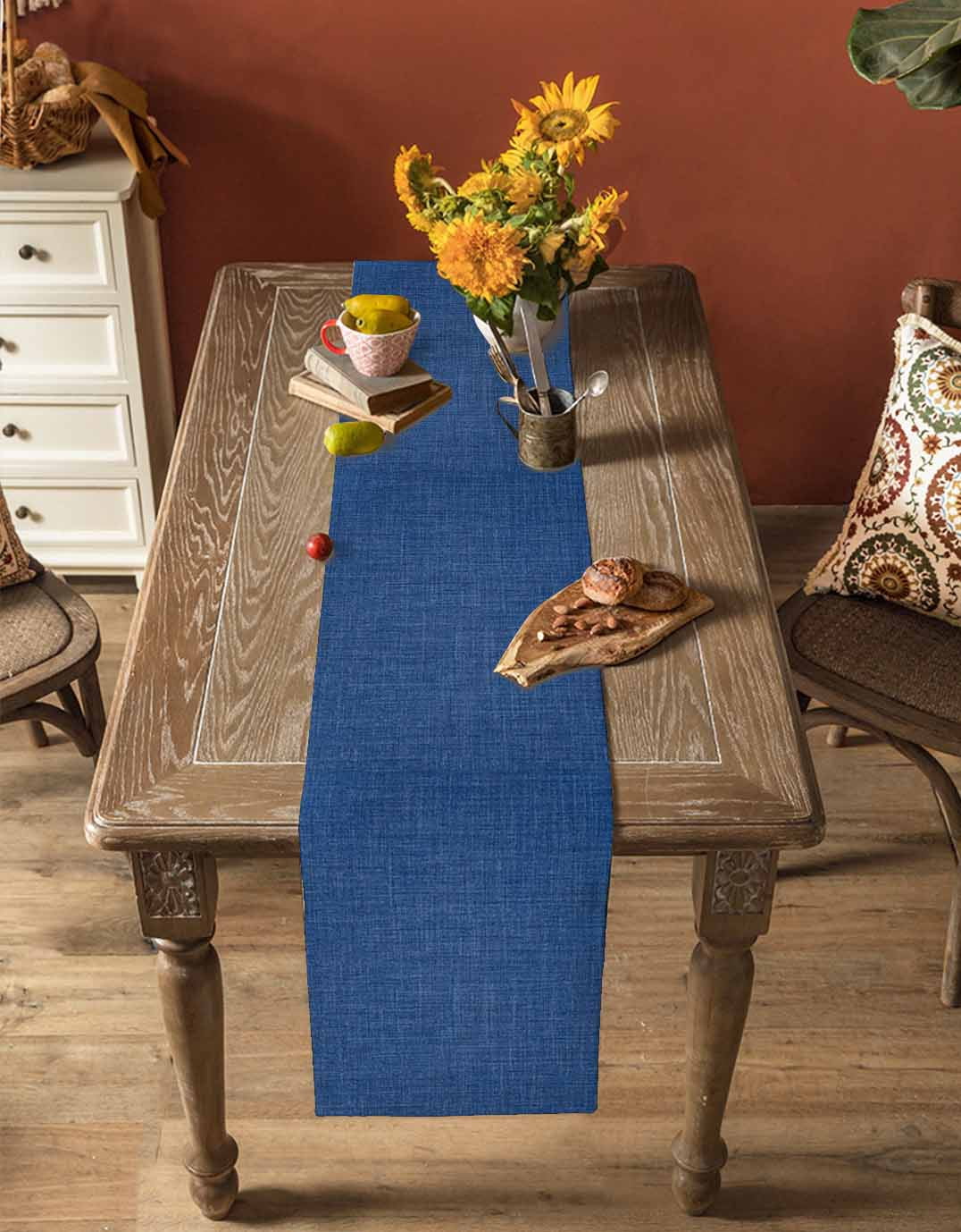 Table Runners 48 Inches Long Dress Scarves, Navy Blue Farmhouse Kitchen/Dining Table Runner, Short Coffee Tablerunners, Vintage Country Monochrome Farmhouse 13x48 Inch