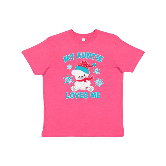 Inktastic Polar Bear My Auntie Loves Me in Santa Hat with Snowflakes Youth T-Shirt
