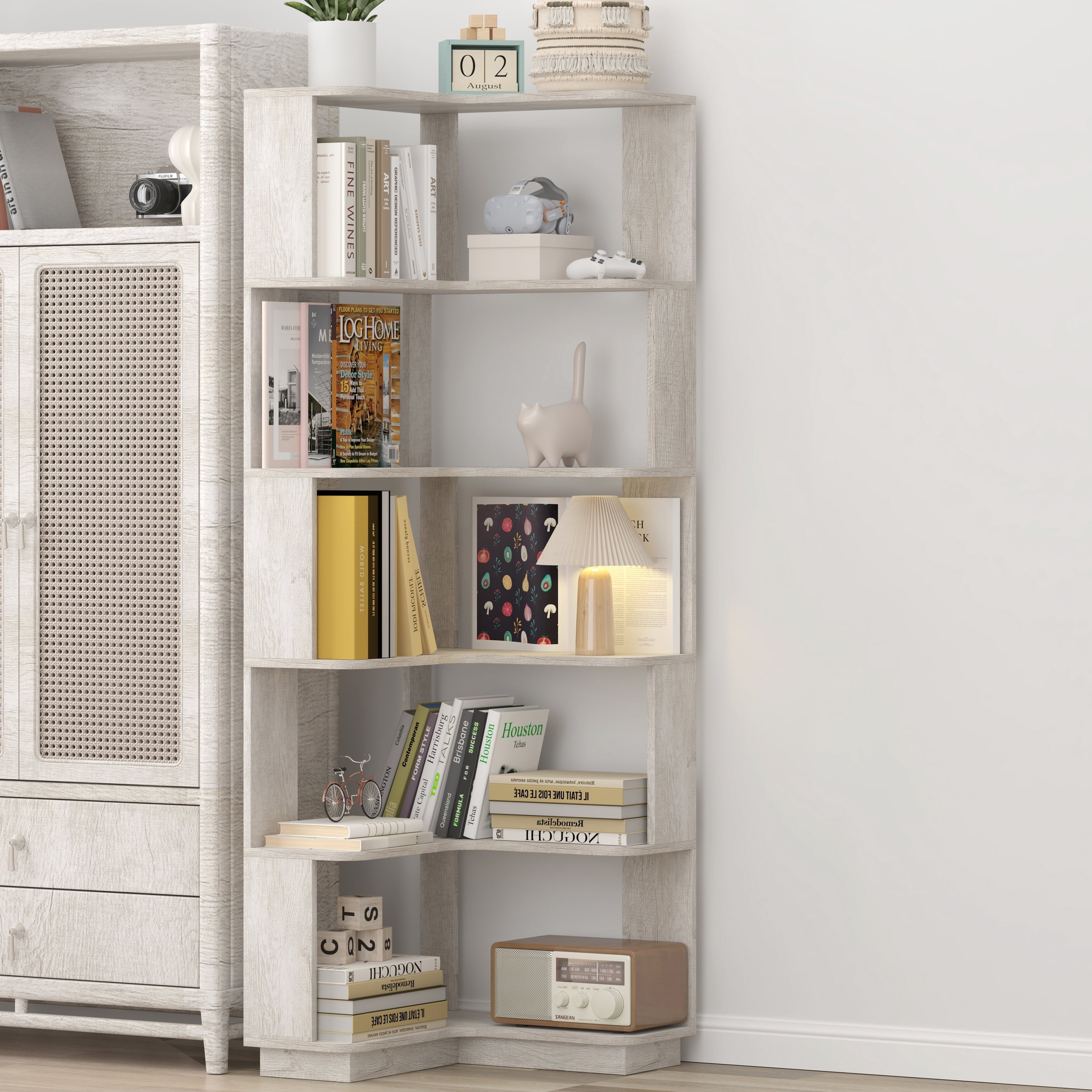 6 Tier Freestanding L-Shaped Corner Bookshelf For Living Room, Bedroom, Wood Bookcase With Anti-Drop Panle And Anti Tipping Device, Display Shelf Open Storage Rack Organizer For Home Office
