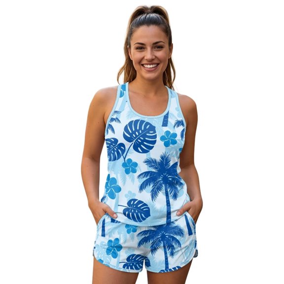Chririnla Hawaii Palm Tree Monstera Blue Tankini Swimsuits Bathing Suits Shorts for Women Plus Size Swimwear Tummy Control Swimsuits Swim Tank Top Shorts for Gym Yoga Travel