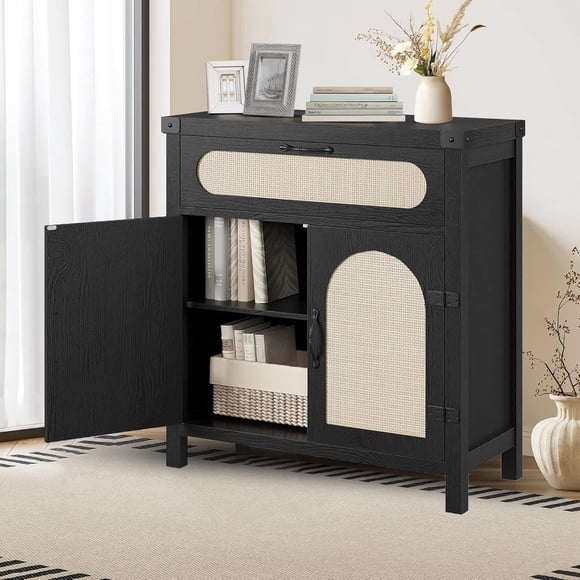 Bingirl U7 SideBoard001 30-Inch Sideboard Cabinet, MDF & PB, 2 Doors 1 Drawer, Hollow Design, Black Wood Grain