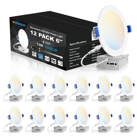 VOLISUN Lot de 12 Éclairage Encastré 6 Pouces, Lumière LED Encastrée 5CCT avec Boîte de Jonction, 2700K-5000K Sélectionnable, 13W Eqv 120W, 1080LM Dimmable Sans Canalisation