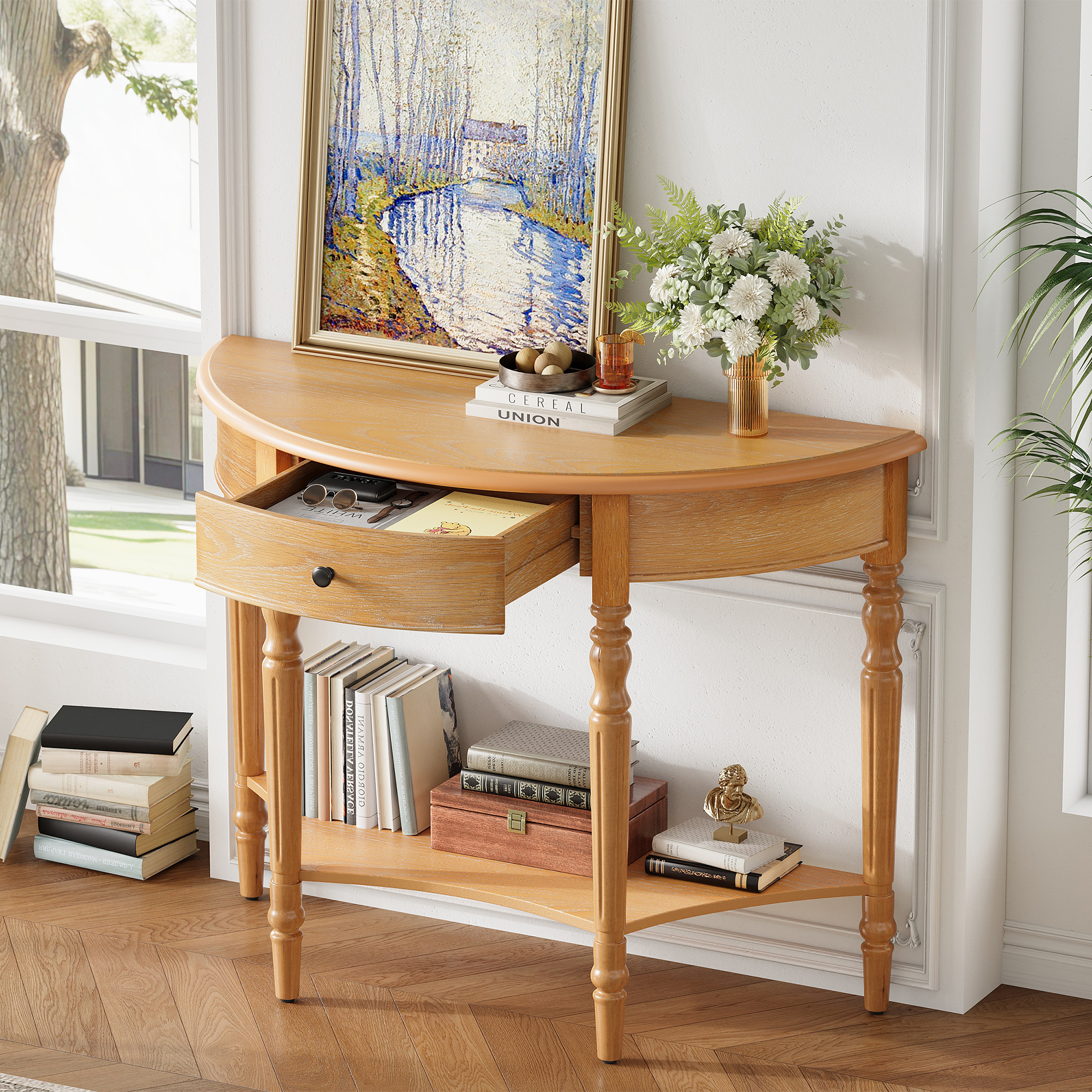 Euroco Farmhouse Half Moon Console Table, Narrow Sofa Table with Storage Shelf & 1 Drawer ,Wood Entryway Table Accent Table for Living Room, Hallway and Foyer,Natural