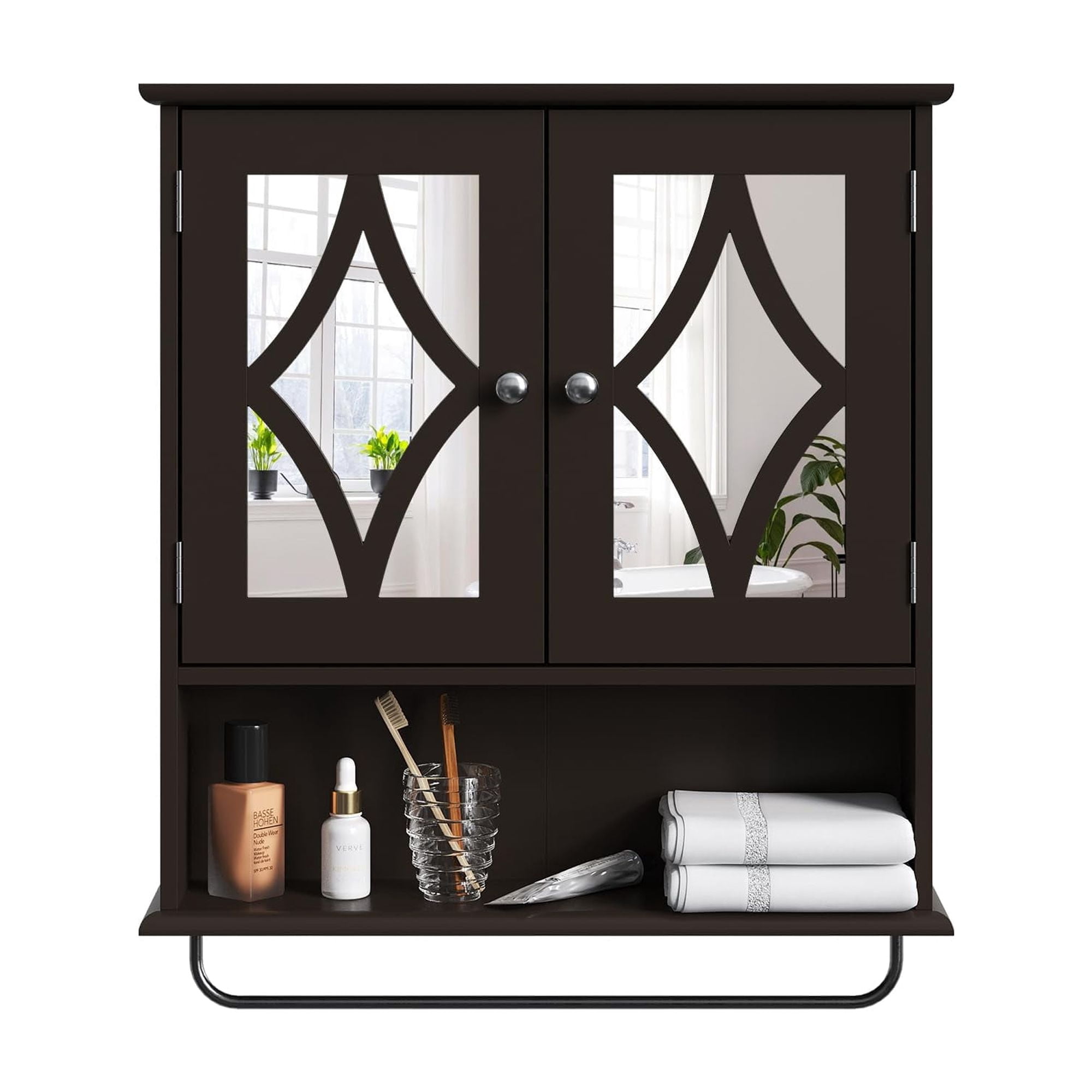 RoyalCraft Bathroom Medicine Cabinet with Mirror, Vanity Wall Mounted Storage Cabinet with Adjustable Shelves and Towel Bar, Hanging Wall Cabinet for Bathroom, Laundry, Living Room, Brown