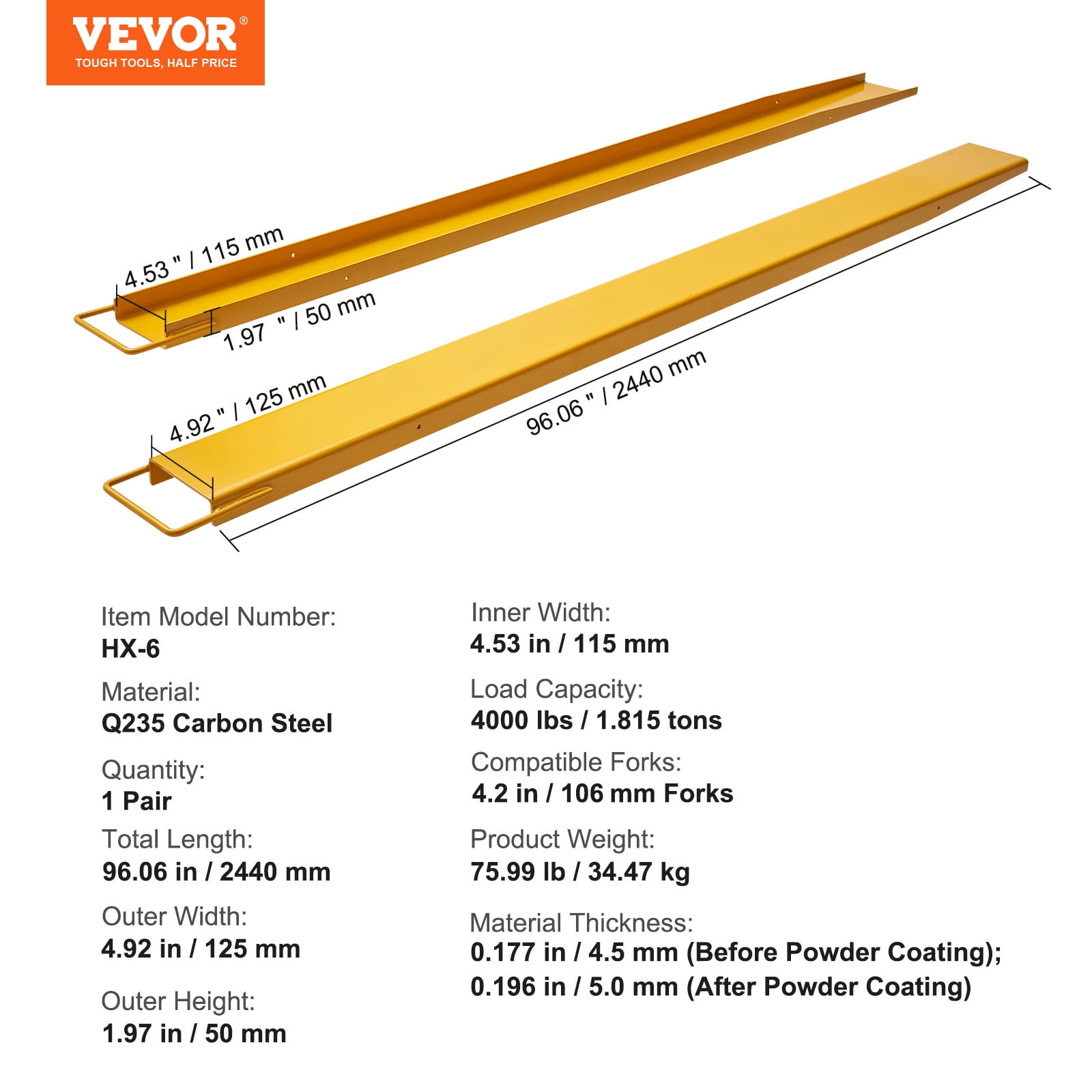 KFFKFF Pallet Fork Extensions Forklift Extensions 96" x 4.5" Heavy Duty Steel
