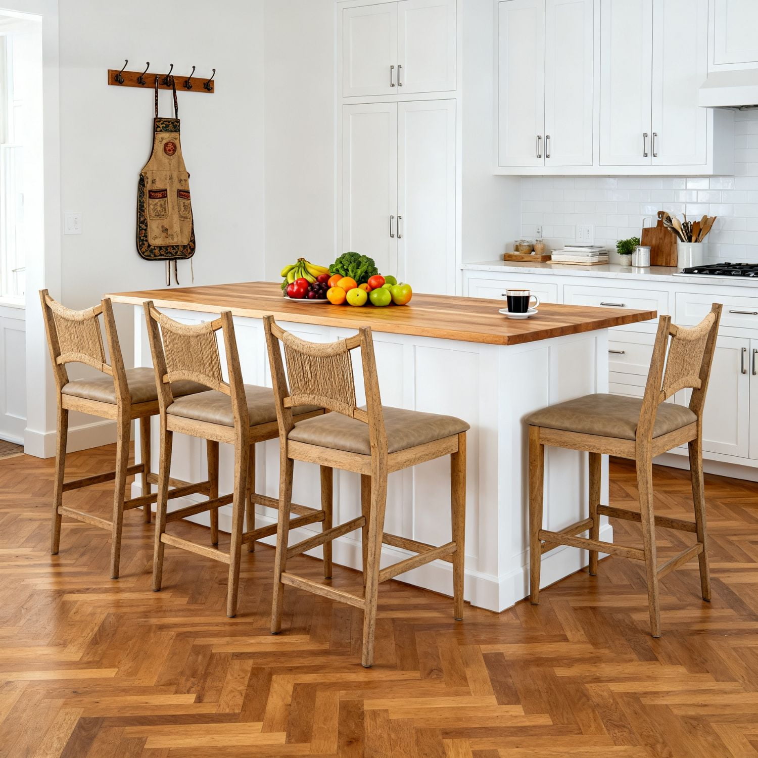 Dayalane Farmhouse Bar Stools Set of 4, 25.5" Counter Height Bar Stools with Paper Cord Woven Back Solid Wood Frame, PU Leather Upholstered Kitchen Island Chairs for Dining Room Home Bar, Brown