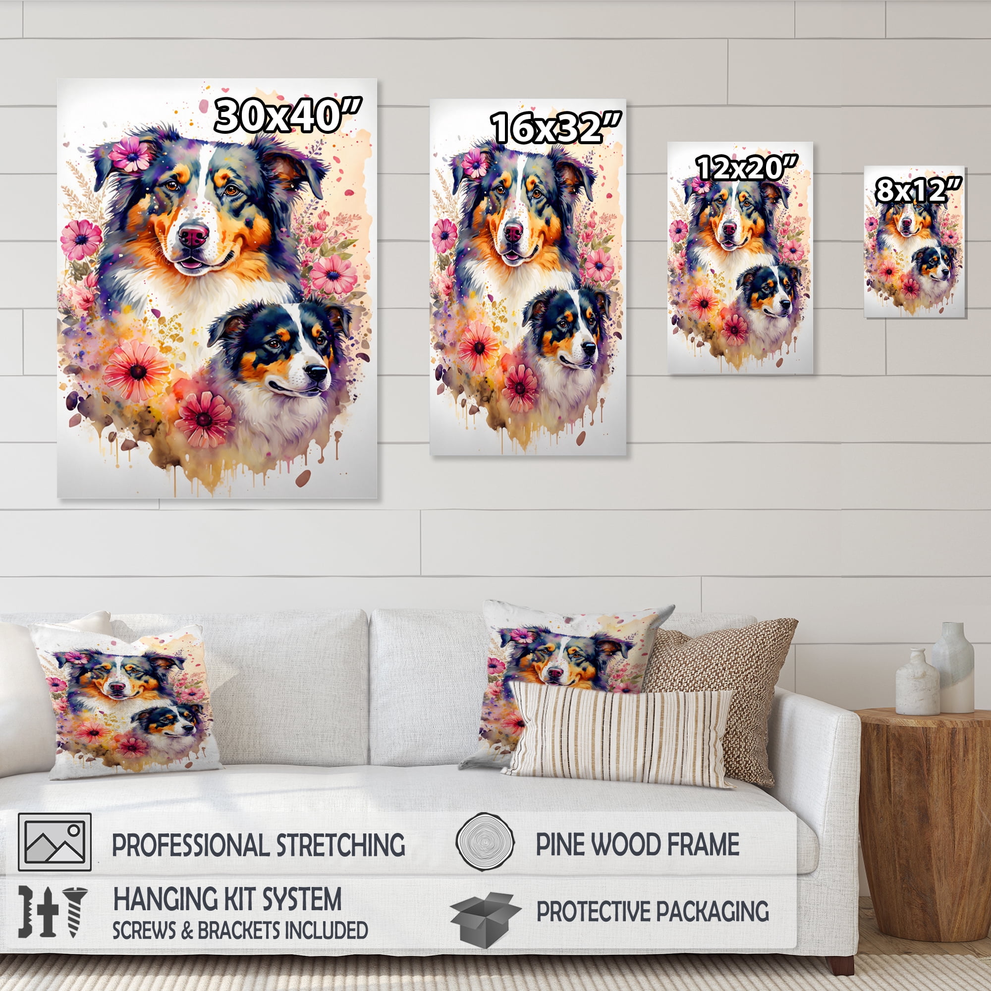 Designart Cute Australian Shepherds Floral Art I Canvas Wall Art