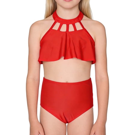 AINIYS Girls Two Piece Swimsuit Round Neck Ruffled Trim Pull On UPF 50+ Beach Swimming Red 120