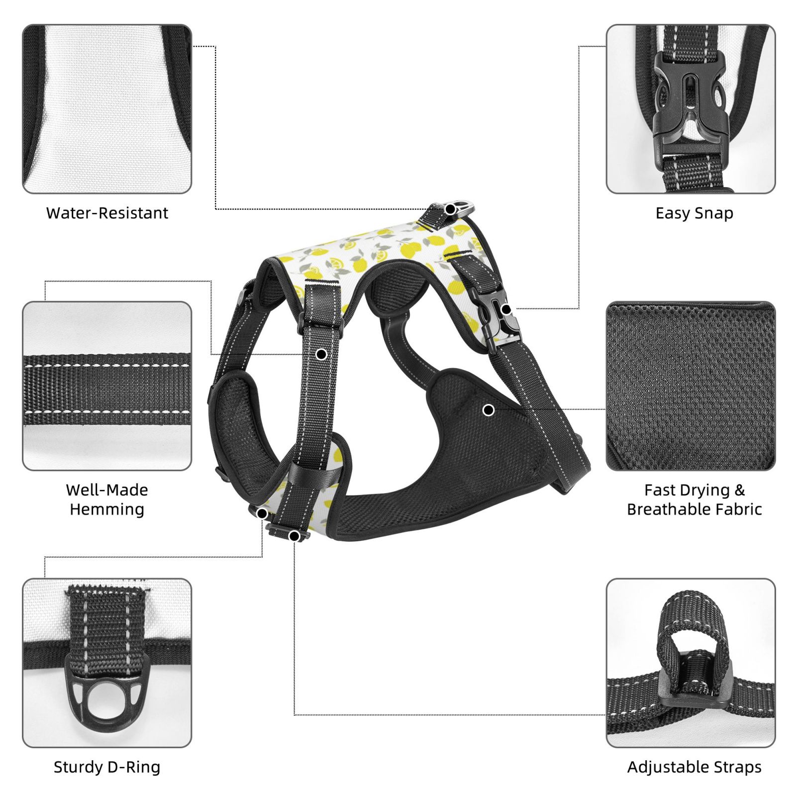 Kdxio Yellow Lemon Leaves Print No Pull Dog Harness Adjustable Reflective Oxford Easy Control Medium Large Dog Harness for Training and Everyday-Small
