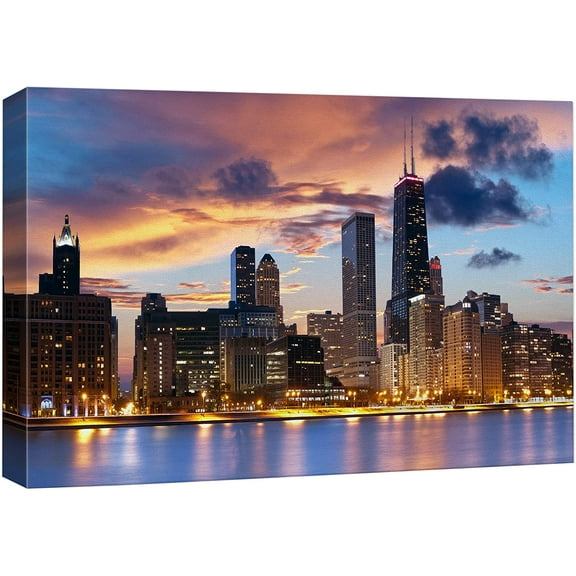 Aaheei Canvas Print Wall Art Chicago City Sunset Night Skyline Architecture & Maps Cityscape Photography Realism Global Scenic Colorful Multicolor for Living Room, Bedroom, Office