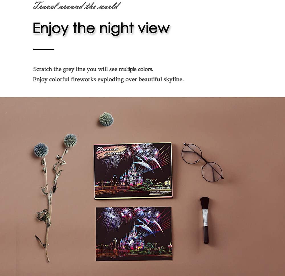 Rainbow Night View Scratchboard Pads for Adults and Kids Dreamtopia Scratch Art Paper Mini Envelope Postcard Art & Crafts Set: 12 Sheets Scratch Cards & Scratch Drawing Pen Clean Brush 7.9x5.5 