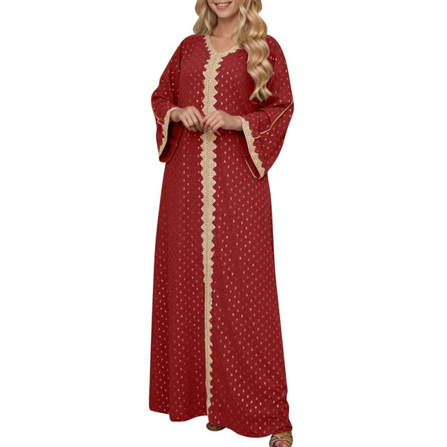 Abaya Robe pour Femmes Vêtements Musulmans Islamiques Eid Ramadan Robes Col en V Robe Bronzante Rétro Kaftan Longueur Complète