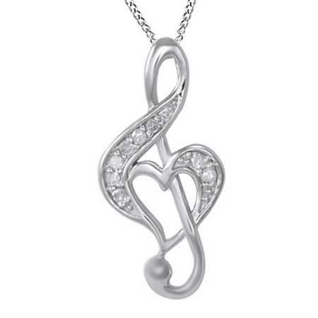 White Natural Diamond Music Note with Heart Pendant Necklace in 14k White Gold Over Sterling Silver (0.1 Ct)