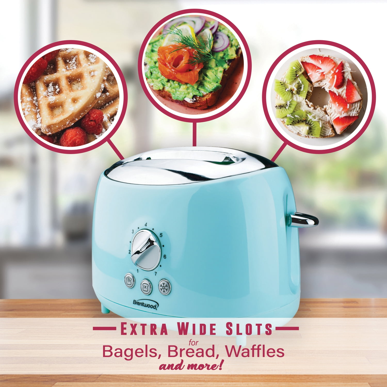 Brentwood 2-Slice Retro Toaster, Blue, Extra Wide Slots
